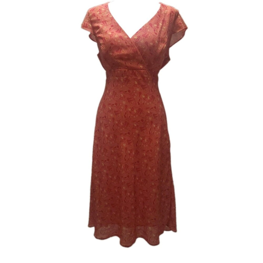 Ombre Womens Floral Ruffle Surplice Neckline Shift Midi Dress Orange Size 10